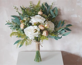 Artificial silk flower bouquet, White flowers, Green leaves, boho wedding bouquet, bridesmaid bouquets