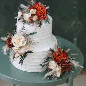 Juego de 3 adornos para tartas de boda, decoración naranja/terracota, flores de Pampass para tartas, boda rústica, boda bohemia