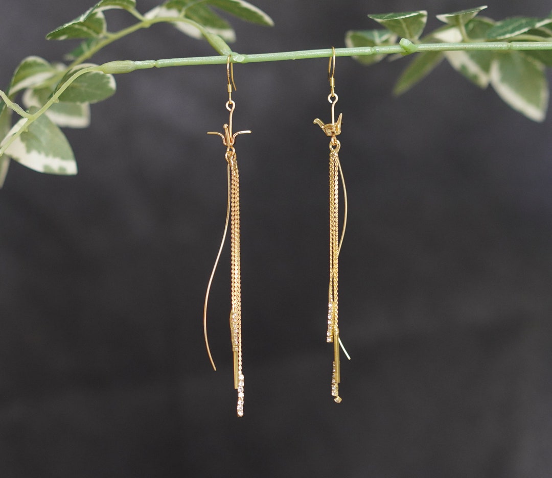 Japanese Wind Chime Earrings 14K Gold Plated Thousand Paper Crane and