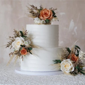 A Set Wedding Cake Topper, Green eucalyptus leaves, Orange flowers, Pampass Cake Flowers, Rustic Wedding, Boho Wedding