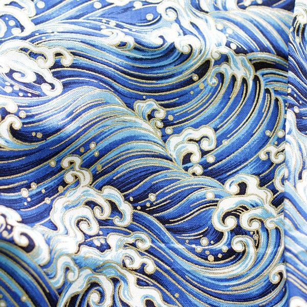 Vintage japanskt bomullstyg, vågigt blått, 1/2 yard, för kläder, klänningar, väskor, plånböcker etc.