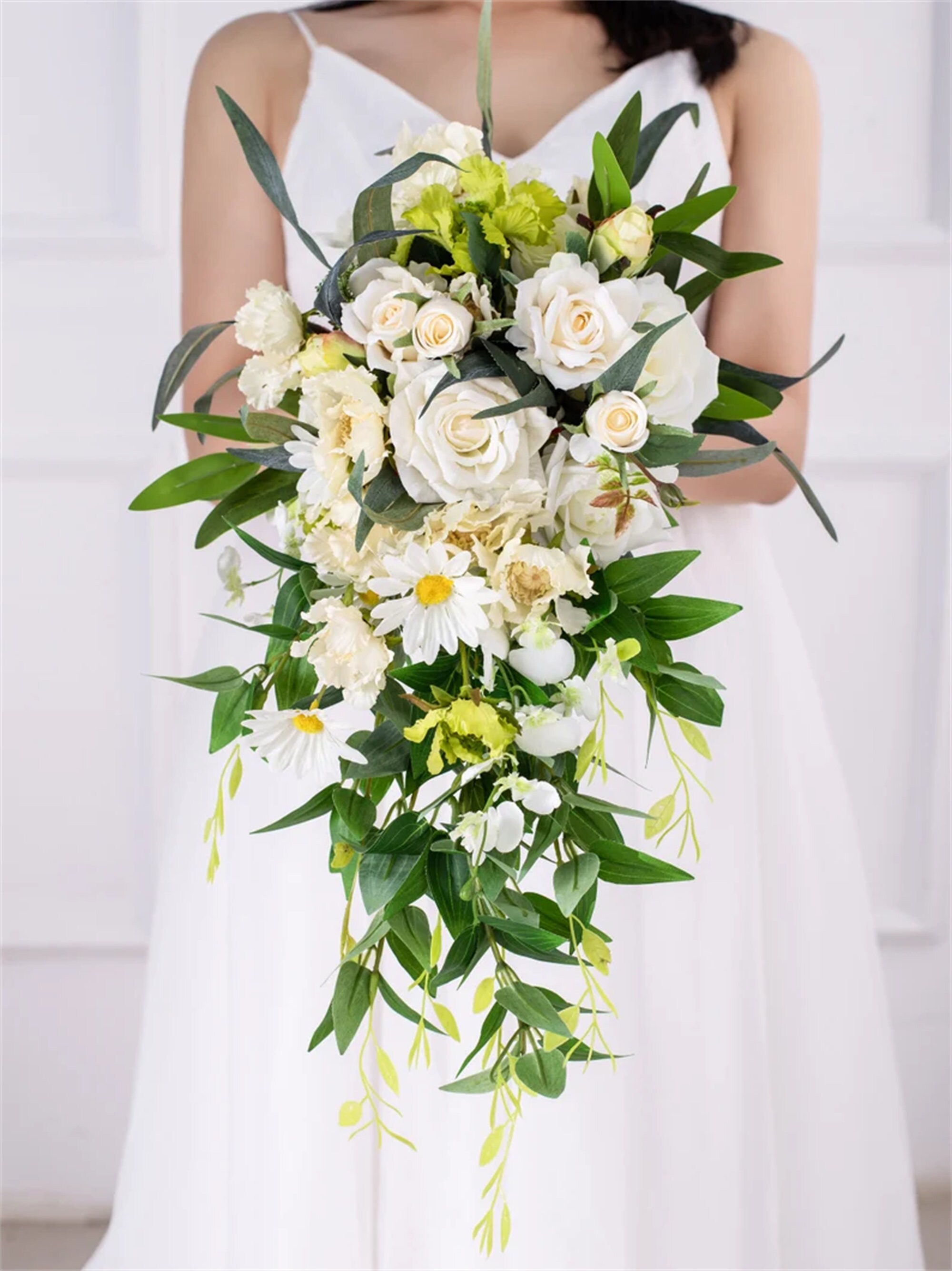 Cascading White Silk Rose Orchid Greenary Bridal Bouquet,wedding