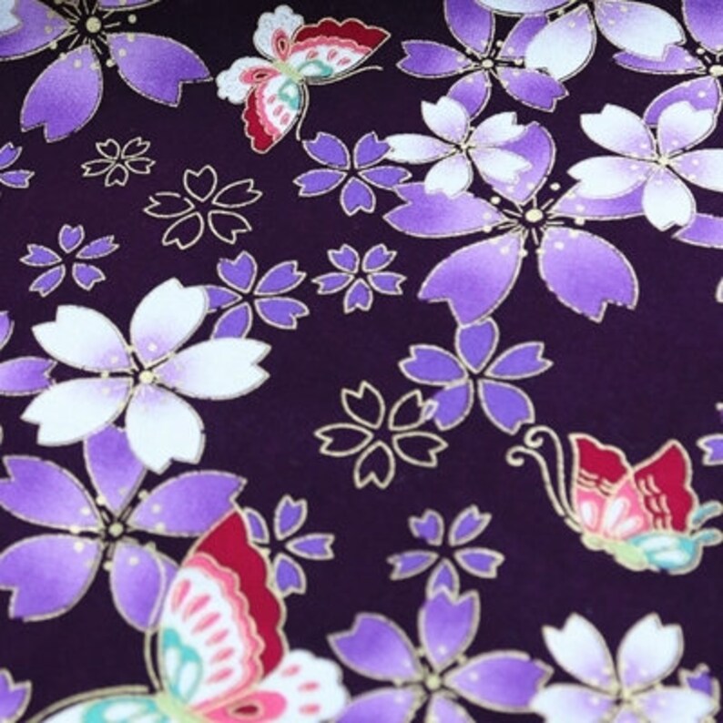 Vintage Japanese Cotton Fabric Floral Fabric with Sakura Flowers Twigs ,for Tablecloth,Doll ,Home Décor ETC 1/2 Yard Purple