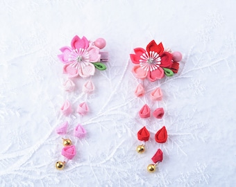 Handmade Japanese Traditional Tsumami Kanzashi Hair Clip Pin Kimono Yukata Outfit Wedding Ornament Red Pink Sakura Beautiful Flower Falls