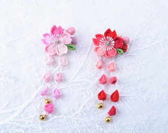 Handmade Japanese Traditional Tsumami Kanzashi Hair Clip Pin Kimono Yukata Outfit Wedding Ornament Red Pink Sakura Beautiful Flower Falls