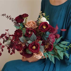 Burgundy Bridal bouquet ,Artificial flowers,Eucalyptus leaves boho wedding bouquet, bridesmaid bouquets