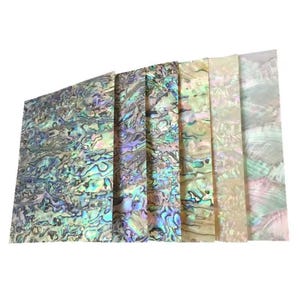 May include: A selection of iridescent abalone shell sheets, displaying a spectrum of colours including blues, greens, and purples. The sheets have a natural, textured appearance, with varying patterns. The shells are arranged vertically, showcasing their unique, shimmering surfaces.