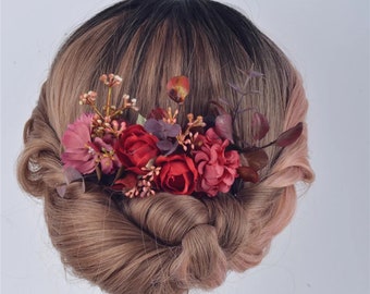 Pettine per capelli con rosa rossa, pettine per capelli succulento, sposa floreale Boho, copricapo da sposa, foglie di fiori, damigella d'onore kanzashi per il matrimonio