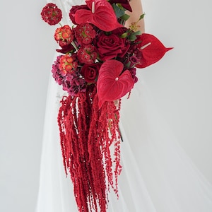 Red Asymmetrical Wedding Bouquet, Boho Flower Bouquet,Artificial Flower, Dark Red Haning Amaranthus Preserved, Rustic, Fall Wedding
