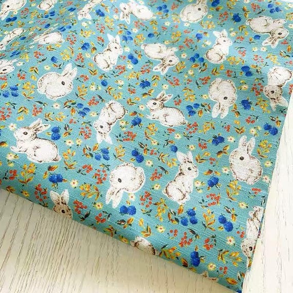 Japanese Vintage Blue Linen Cotton  Fabric Printed with Lovely White Rabbits —1/2 Yard
