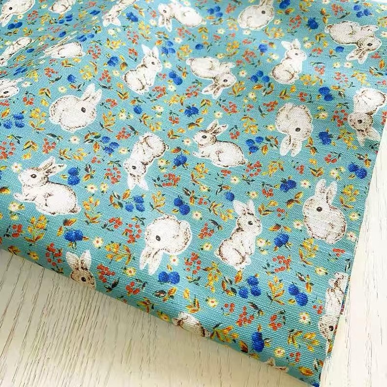 Japanese Vintage Blue Linen Cotton Fabric Printed with Lovely White Rabbits —1/2 Yard image 1