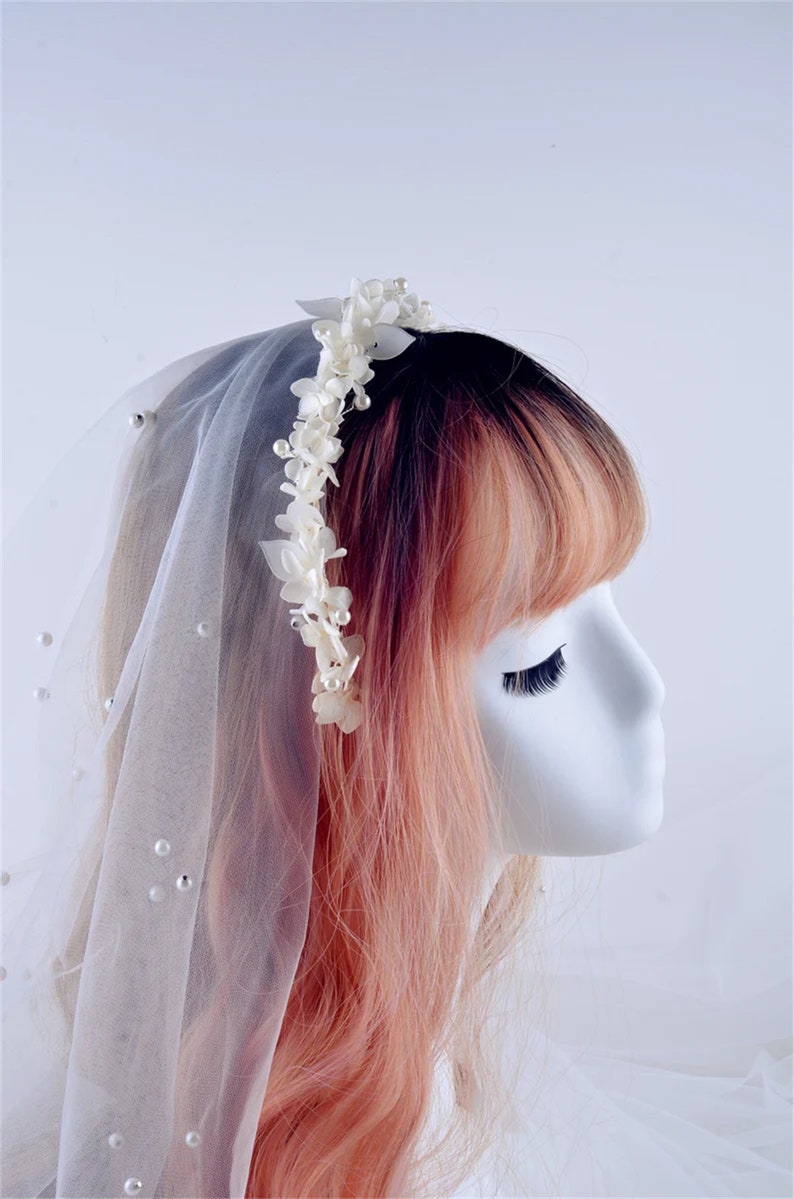 Preserved Natural real flower crown, white leaves hydrangea pearl,half crown,half wreath,Floral bridal, Bridesmaid kanzashi for wedding zdjęcie 1