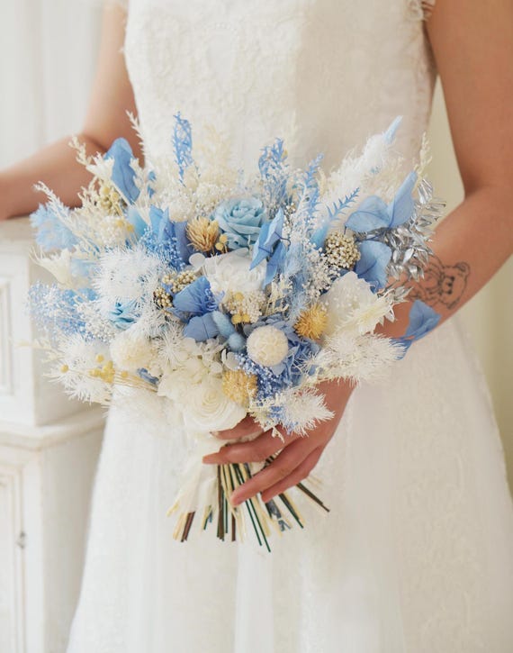 flowers for blue bridesmaid dresses 8.6 inch wide Baby Blue Delphinium Bridesmaid Bouquet