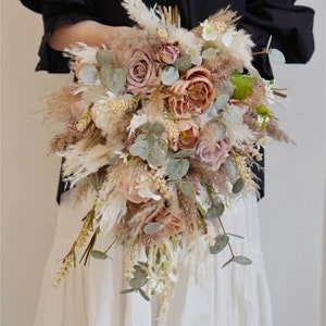 Nude,Grey-pink Silk flowers Bridal bouquet pampas gras, boho wedding bouquet, bridesmaid bouquets