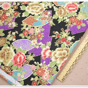 Tela de algodón japonesa vintage con flores rojas y negras de 1/2 yarda para ropa, vestidos, bolsos, carteras, etc.