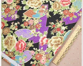 Vintage Japanese Cotton Fabric Cloth Red Black Flowers by 1/2 yard  for Clothing, Dress, Bag Purse, Wallet ETC