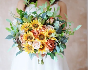 Sunflower Bridal Bouquet, Artificial Flowers, Bridesmaids Bouquet Wedding Bouquet with Free Wrist Corsage and Boutonniere
