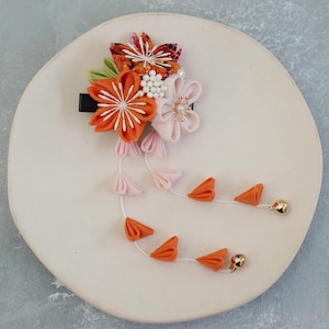 Handmade Japanese Traditional Tsumami Kanzashi Hair Clip Pin Kimono Yukata Outfit Wedding Ornament Orange Sakura with Flower Falls