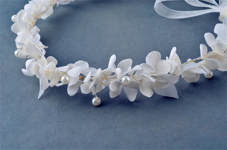 Preserved Natural real flower crown, white leaves hydrangea pearl,half crown,half wreath,Floral bridal, Bridesmaid kanzashi for wedding zdjęcie 7