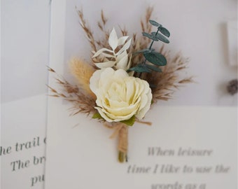 Wedding boutonniere, Rustic Boutonniere, Pampas boutonniere, wedding Rustic button hole