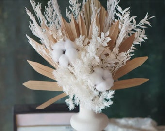 Palm fan, White Cotton, Dried flower Bouquet, Natural Home Decor, Flower Arrangement,Small Centerpiece