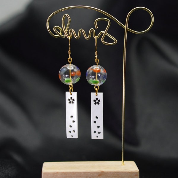 Wind chime furin earrings, acrylic hollow card, imitation cherry glass earrings, 14K gold plated wedding gift for Valentine's Day