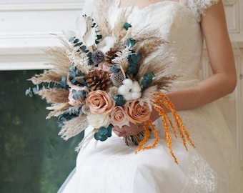 Rustic boho Wedding Bouquet,Orange tears,Faux Flowers Home Wedding Decor,bridal bridesmaids bouquets,Pampas grass bouquet