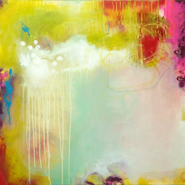 Original large abstract painting, acrylic painting, modern art, modern paintings, yellow rose purple, pink neon, white, DIVINER