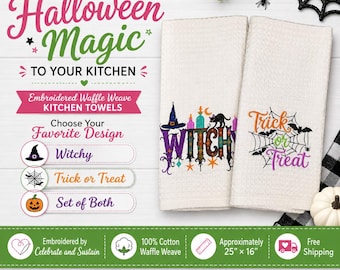 Strofinaccio da cucina di Halloween, strofinaccio ricamato a trama waffle, strofinaccio da cucina con strega o dolcetto o scherzetto, decorazione autunnale per la cucina, set regalo