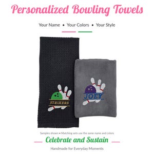 May include: Two rectangular bowling towels, one black waffle-textured and one gray microfiber, each embroidered with a bowling ball and pin graphic. The black towel features the text STRIKERS, while the gray towel features the name JOEY.