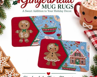 Gingerbread Mug Rug, Christmas Mug Rug, Quilted Coffee Coaster, Gingerbread Boy Girl, Holiday Mug Mat, Handmade Christmas Gift