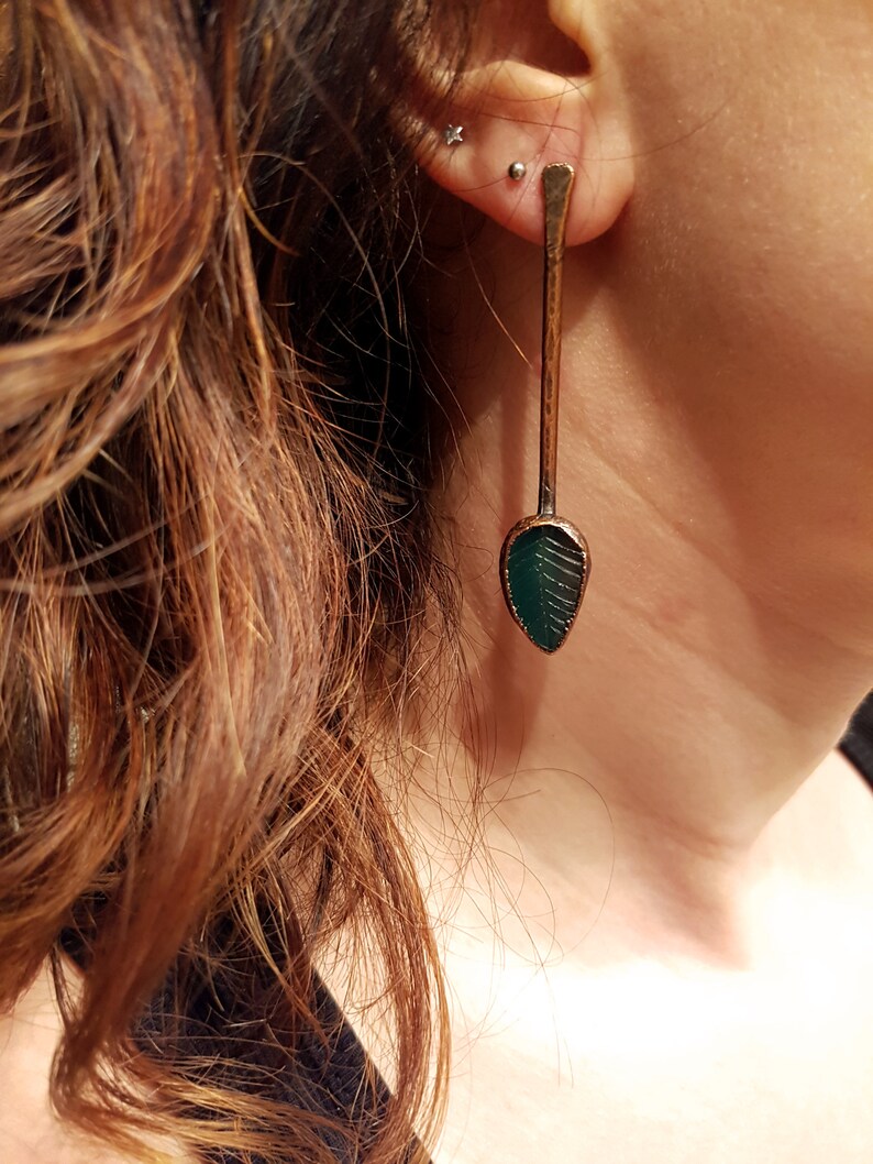 Copper Earrings Hand Carved Stone Earrings Green Onyx Earrings Geometric Earrings Electroformed Earrings Leaf Earrings Onyx jewelry