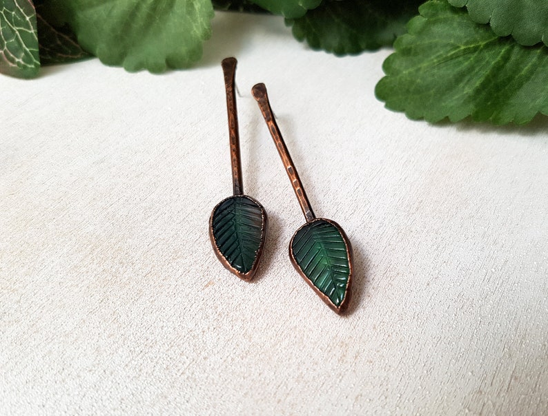 Copper Earrings Hand Carved Stone Earrings Green Onyx Earrings Geometric Earrings Electroformed Earrings Leaf Earrings Onyx jewelry