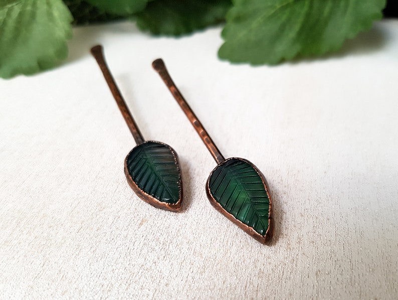 Copper Earrings Hand Carved Stone Earrings Green Onyx Earrings Geometric Earrings Electroformed Earrings Leaf Earrings Onyx jewelry