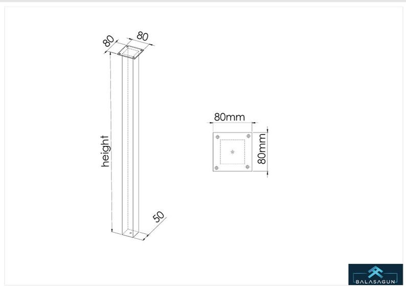 May include: A black metal post with a square base and a square top. The post is 80 inches tall and 50 inches wide. The base is 80 mm wide and 80 mm long.