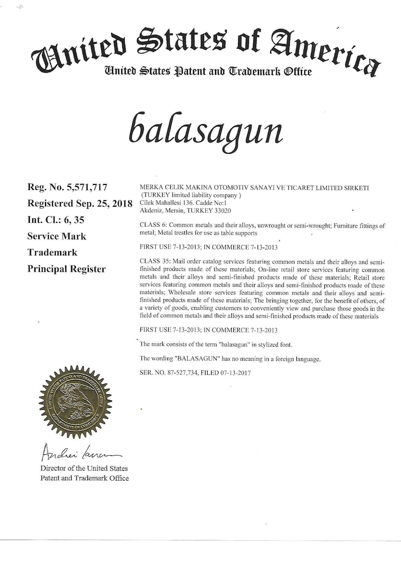 May include: A black and white trademark registration certificate for the company "balasagun" with the registration number 5,571,717. The certificate was registered on September 25, 2018. The certificate lists the company's address and the classes of goods and services covered by the trademark. The certificate also includes the company's name in a stylized font.