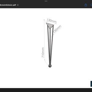 May include: A silver metal table leg with a triangular base. The leg is 710 mm tall and the base is 130 mm wide.