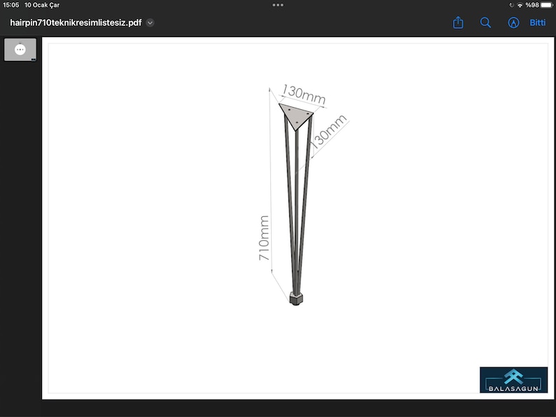 May include: A silver metal table leg with a triangular base. The leg is 710 mm tall and the base is 130 mm wide.