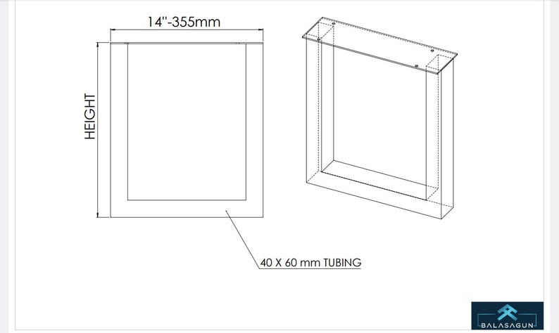 May include: Line drawing of a metal frame with dimensions 14 inches by 355 millimeters. The frame is made of 40 x 60 millimeter tubing.