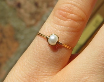 Dainty Wire Wrapped Faux Pearl Bead Ring (with Silver/Gold Plated or 925 Sterling Silver Wire)