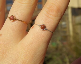 Dainty Wire Wrapped Goldstone Bead Ring (with Silver/Gold Plated or 925 Sterling Silver Wire)