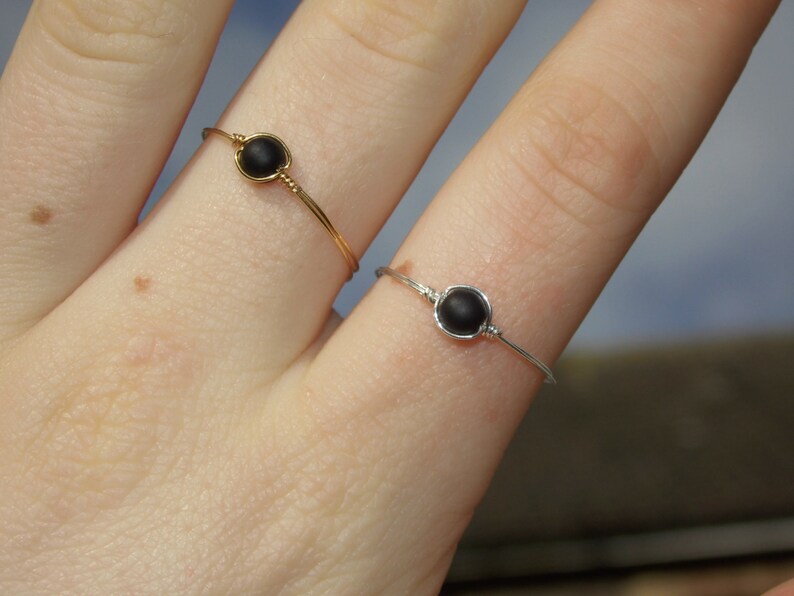 Dainty Wire Wrapped Matte Black Bead Ring with SilverGold Plated Wire