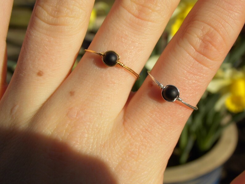 Dainty Wire Wrapped Matte Black Bead Ring with SilverGold Plated Wire