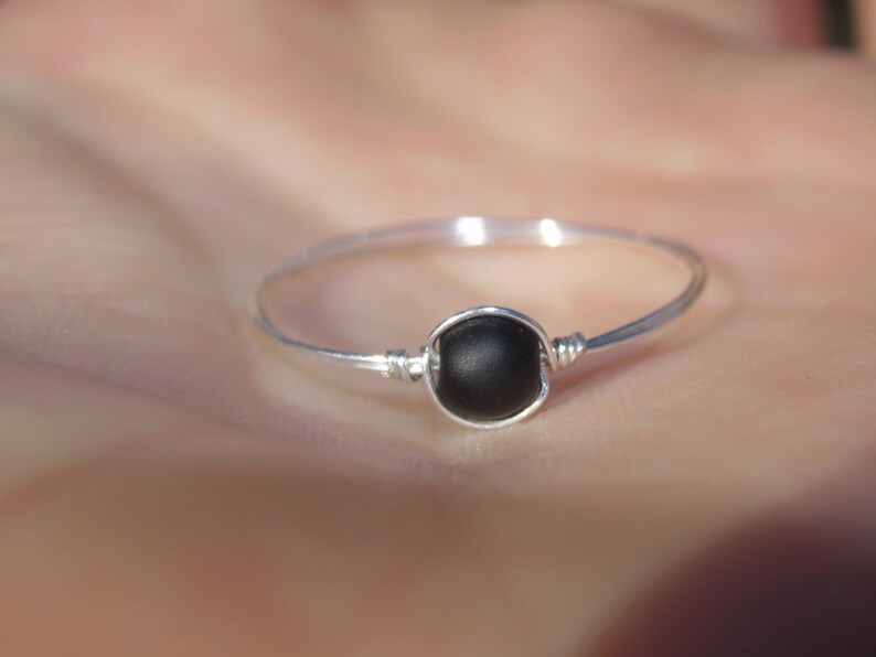 Dainty Wire Wrapped Matte Black Bead Ring with SilverGold Plated Wire