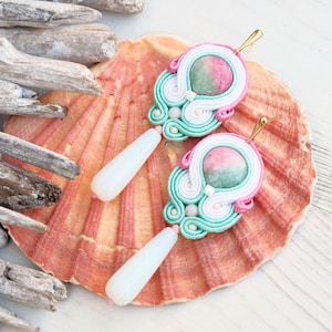 White Pastel Mint Pink Soutache Earrings-Long White Statement Earrings-Beaded Dangle Earring-Hippie Boho Earring-Bridesmaids Wedding Earring