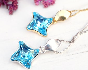 Dainty aquamarine crystal pendant necklace Blue aqua stone bridesmaids pendant Silver 24k gold plated delicate necklace Star jewellery