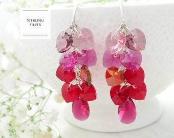 Long cluster earrings, Ombre earrings, Red and pink crystal earrings, Sterling Silver earrings, Statement earrings, Crystal gradient earring