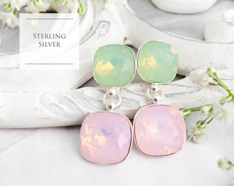 Pink green opal earrings, Summer earrings, Square crystal earrings, Sterling Silver earrings, Cushion cut crystal, Gift for her 2