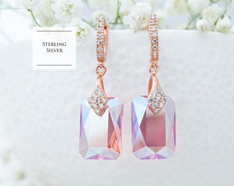 Vintage bridal earrings, Blush pink bridesmaid earrings, Wedding Sterling Silver jewellery, Bridesmaid gift, Crystal rectangular earrings