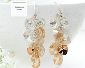 Long champagne cluster earrings, Ombre earrings, Crystal earrings, Sterling Silver earrings, Statement earrings, Crystal gradient earrings
